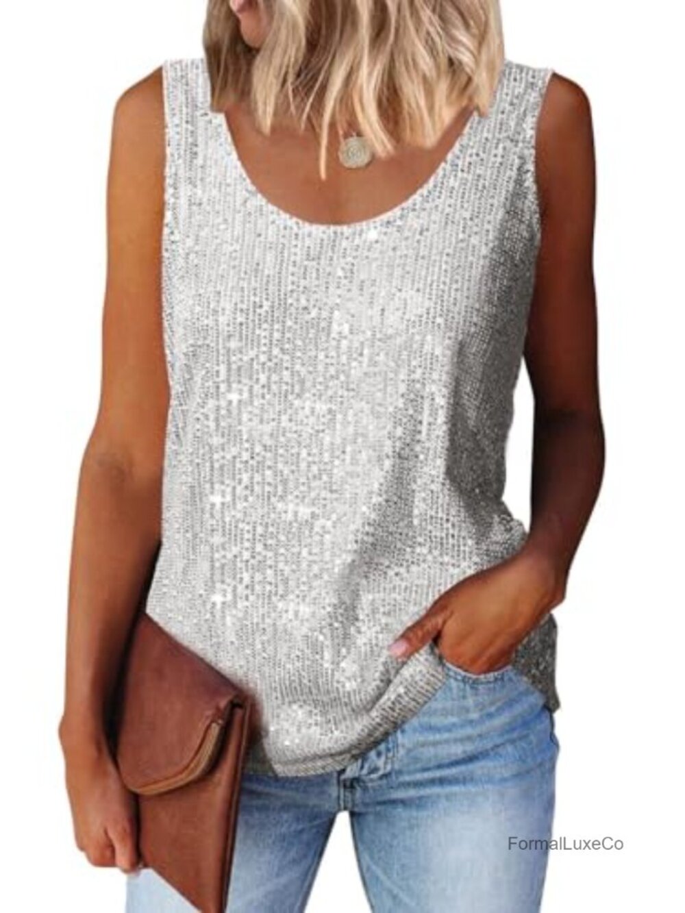 Womens Sequin Scoop Neck Tank Top Sleeveless Open Back Party Blouse